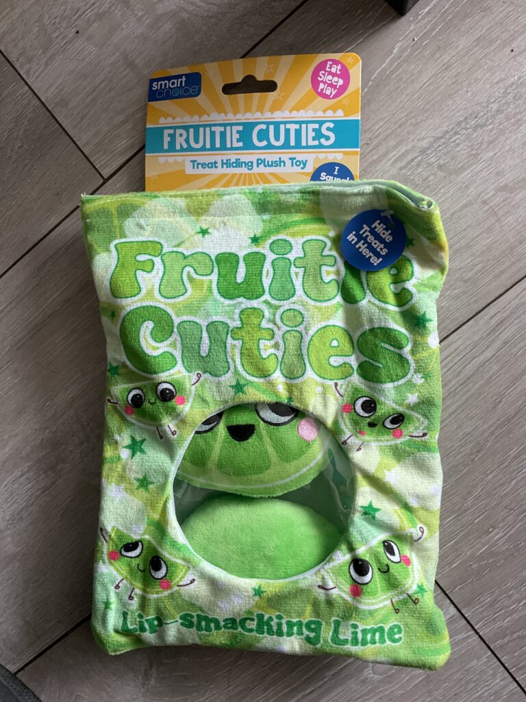 Fruity Hide and Seek squeaky plush dog toy (lip smacking Lime)