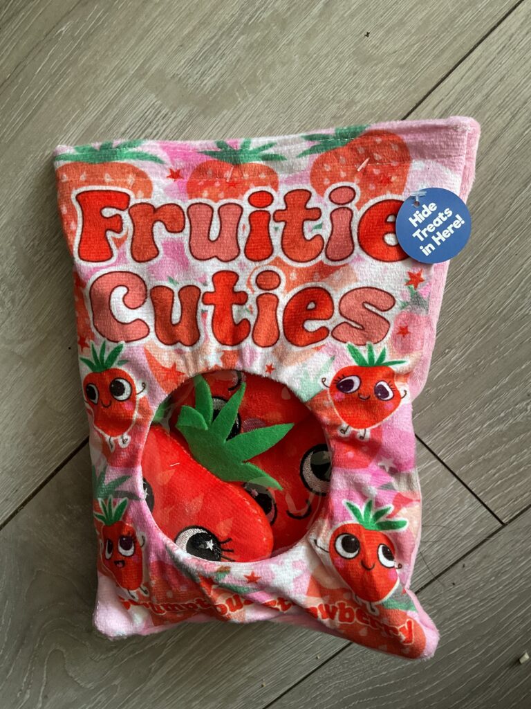 Fruity Hide and Seek Squeaky plush dog toy (Strawberry)